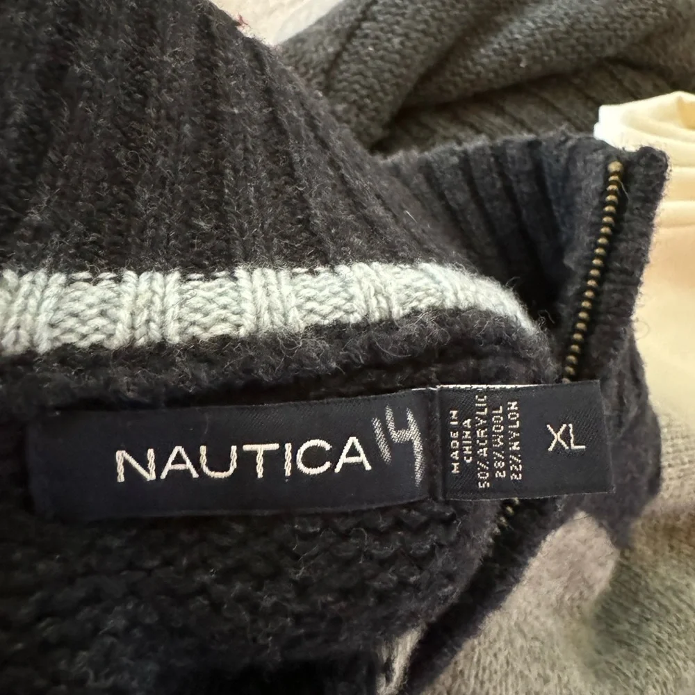 Nautica Mens Knitted Wool Blend Tripe 1/4 Zip Up Pull Over Sweater‎ Size XL